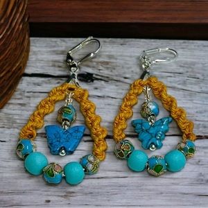 Turquoise butterfly teardrop earrings, statement ear jewelry,OOAK,garden flare